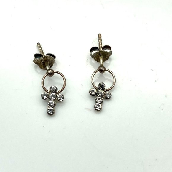 Vintage Dainty Crystal Cross Earrings, Tiny Studs with Dangle Sparkle - Picture 2 of 5